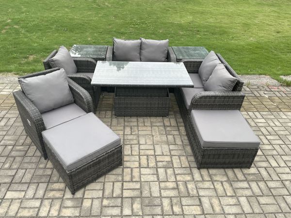 Fimous Rattan Möbel Garten Dining Sets im Freien Höhenverstellbarer aufsteigender Tisch Liebe Sofa Stuhl mit 2 Beistelltische 2 Fußhocker