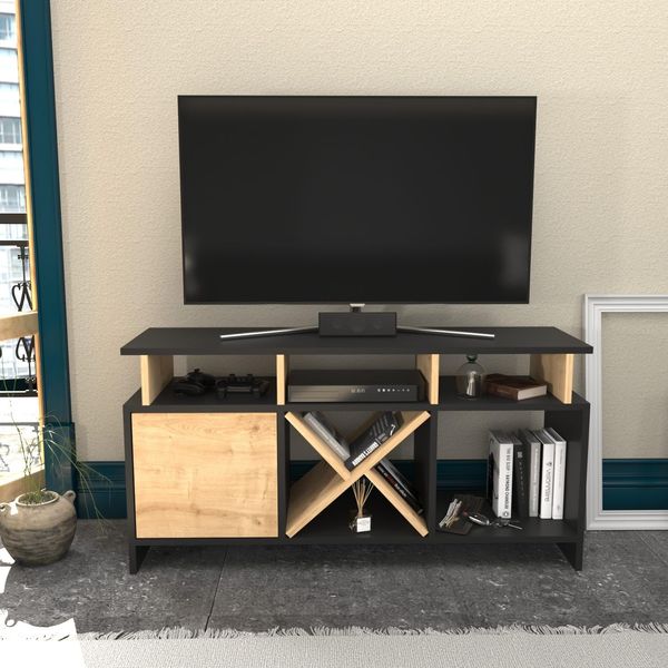 Hanah Home Stylish TV Stand, Anthracite & Oak, 120 x 29.9 x 60.6 cm | 100% Melamine Coated Particle Board, 18 mm Thick | Modern Design for Living Room & Entertainment