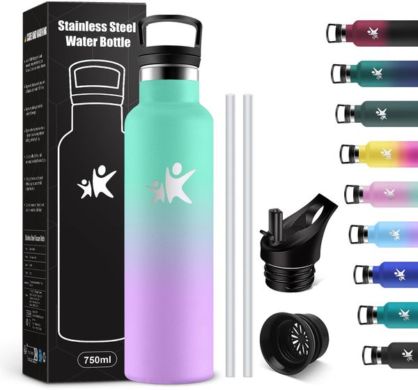 KollyKolla Trinkflasche 750ml, Thermosflasche mit Strohhalm, Auslaufsicher Wasserflasche Kohlensäure Geeignet, BPA-frei, Isolierflasche Doppelwandig, Wasserflasche für Schule, Büro, Schule, Reisen