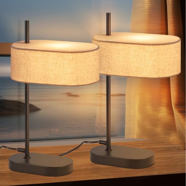 ZMH Tischleuchte Wohnzimmer 44.5cm E14 Schwarz Nachttischlampe Leinen Stoffschirm, Hochwertige Design, ohne Leuchtmittel, mit Schalter Kabel und Stecker Retro Wohnzimmerlampe