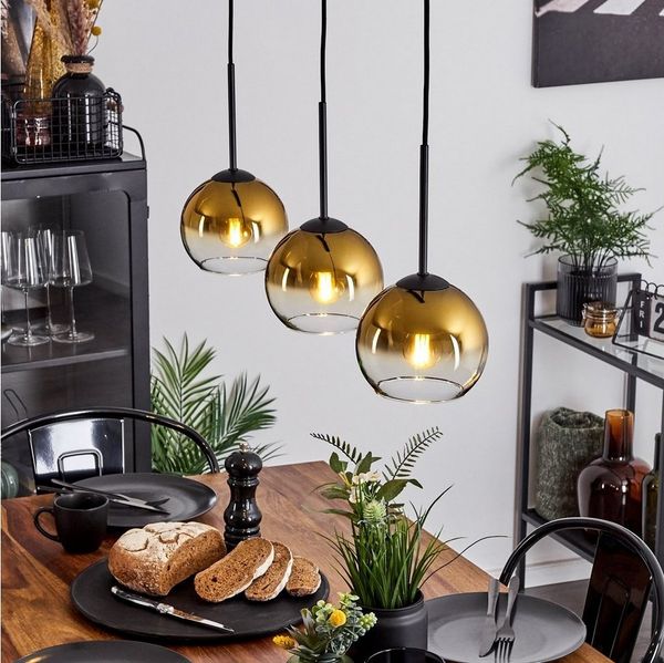 hofstein Hängeleuchte »Cesaro« Hängelampe aus Metall/Glas in Schwarz/Goldfarben/Klar, ohne Leuchtmittel, Leuchte im Vintage/Retro Design mit Schirmen aus Glas (15cm), 3xE27