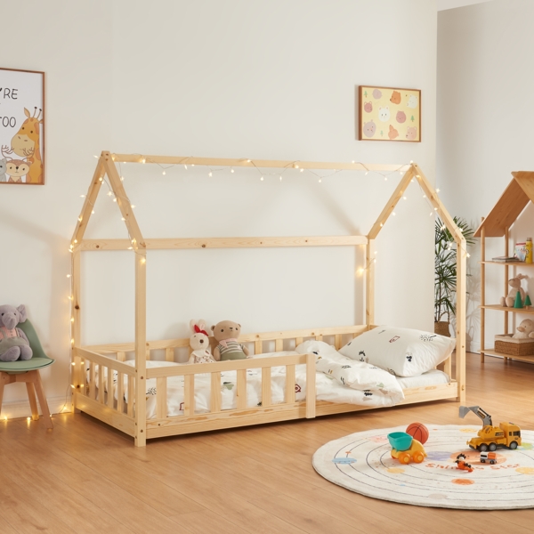 Hausbett Hesel, Kinderbett und Lattenrost, Holzoptik, 90x200 cm