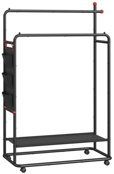 SONGMICS HOME Kleiderständer auf Rollen, Garderobenständer, 2 Kleiderstangen, Ablagefläche, seitlicher Organizer, Haken in Streichholz-Form, stabil, Schlafzimmer, Flur, tintenschwarz