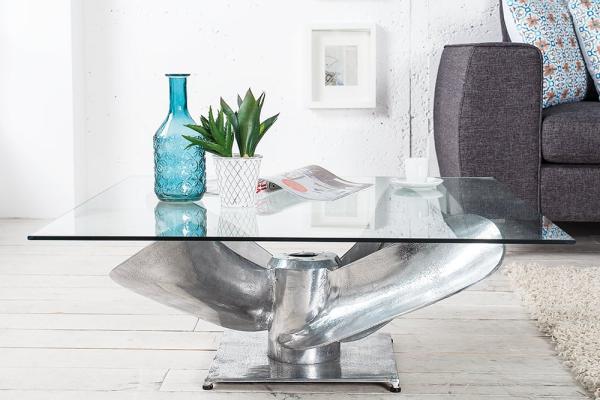 Design Couchtisch ELICA 70cm silber Aluminium Schiffsschraube Maritim Glasplatte