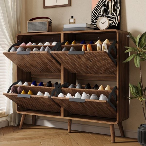 MODFU Schuhschrank Schuhschrank 105 x 90 x 24 cm mit Klapptüren und 2 Ebenen, Nussbaum (Packung, 1-St, Moderner skandinavischer Stil, 4 Flügeltüren) Doppelstöckiges Design mit Platz für 18–24 Paar Schuhe.