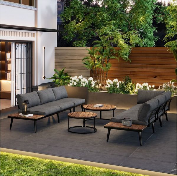 OKWISH Gartenlounge-Set Balkonmöbel Sitzgruppe Lounge-Set, (aus Akazienholz Rahmen aus verzinktem Eisen), 2x2er-Sofa, 2xEinzelsessel, 2xTisch
