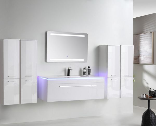 Faizee Möbel Badmöbel-Set Badmöbel set, Weiß komplett 5TLG 90/120 cm, (Komplett-Set, 6-St), LED-Spiegel mit Touch Badmöbel-Set VORMONTIERT Hochglanz lackiert