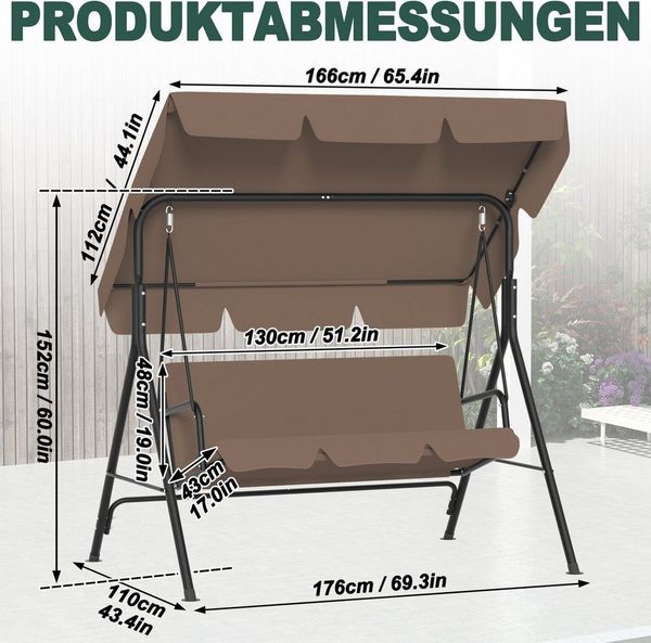 FIVMEN Hollywoodschaukel Gartenschaukel 3-Sitzer Gartenliege Schaukelbank Garten Schaukel, 176x110x152cm, Metall Hängeschaukel mit Verstellbarem Sonnendach Liegefunktion
