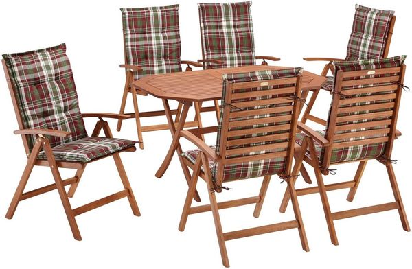 MERXX Garten-Essgruppe Borkum, TOPSELLER!, (13-tlg, 6x Sessel, inkl. Sitz- und Rückenkissen, 1x Klapptisch 135x85 cm), Eukalyptusholz, FSC Mix, geeignet für 6 Personen
