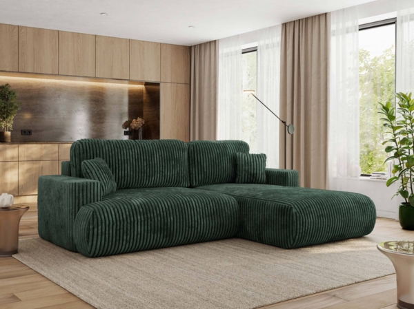 Ecksofa OVO mit schlaffunktion und bettkasten, Wellenfeder, lose Kissen, L-form 271x195 cm - Grün Cord - rechte Seite