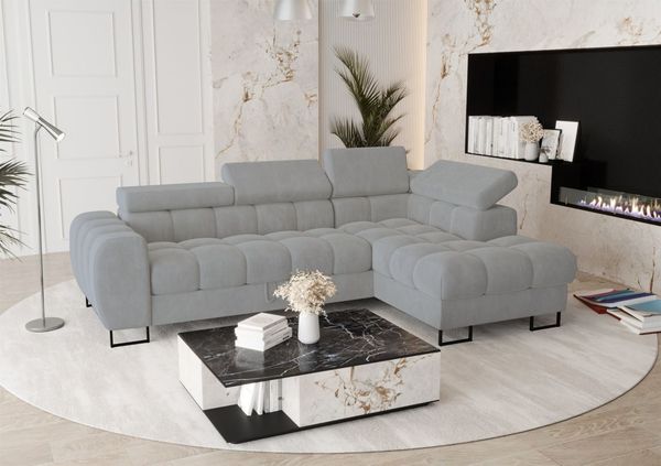 Ecksofa Schlafsofa BASTIEN in Stoff Terra Grau Ottomane Rechts
