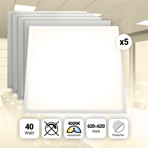 5x LED Panel 62x62 Neutralweiß 4000K 40W 3400lm Ple2.2