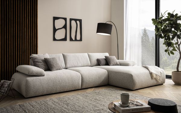 DOMO. collection Ecksofa 800 016, Sofa in L-Form mit Armlehnfunktion und Staufach in der Armlehne, Taschenfederkern, Eckcouch, Modulsofa 324 x 188 x 80 cm (BxTxH), beige-schwarz