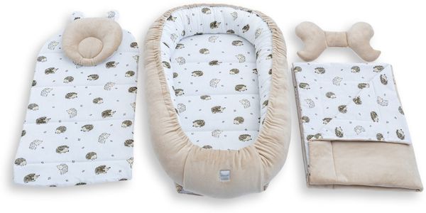 Loolay Kuschelnest BABYNEST 5 TLG. Set PREMIUM Babyausstattung Baumwolle & Samt Velours, (MUSTER: BEIGE Samt Velour/ Igel Braun, 5-tlg, Liebevoll handgefertigt Nestchen! Geborgenheit Komfort für Neugeborene), Premium Ausstattung - 100% Europäische Stof...