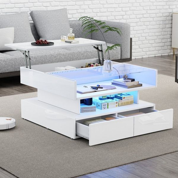 Merax Couchtisch höhenverstellbar Sofatisch Hochglanz Beistelltisch mit LED-Beleuchtung (80 x 80 x 45 cm, 1-St, Tischplatte aus gehärtetem Glas und Spanplatte), Wohnzimmertisch mit 2 Schubladen, verstecktem Stauraum und Ablagefach