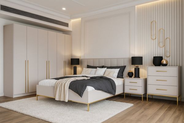 Deine Möbel 24 Schlafzimmer-Set A MIRELO Komplettschlafzimmer in Cashmere, (Set, 5-tlg, Kleiderschrank 230 cm breit), Kleiderschrank Kommode 2x Nachttisch Doppelbett 160x200