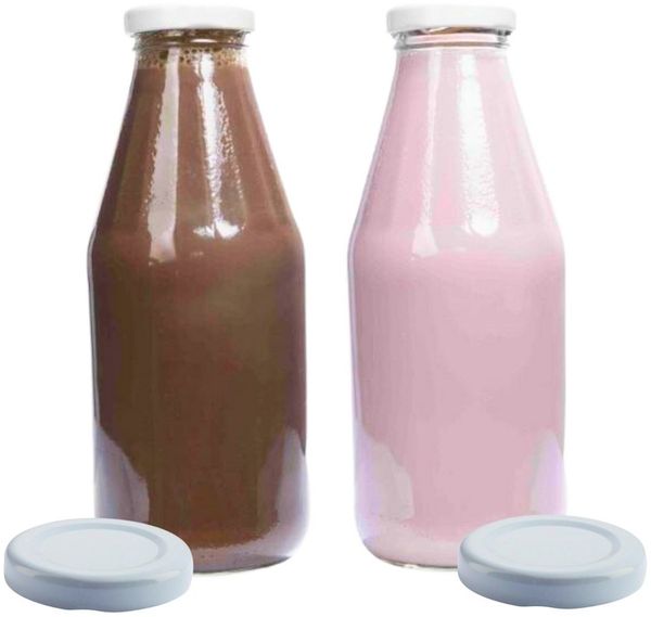 mikken Trinkflasche 2er Set Milchflasche 500 ml mit Schraubdeckel plus 2 Erssatzdeckel, Fassungsvermögen: 0,5 Liter