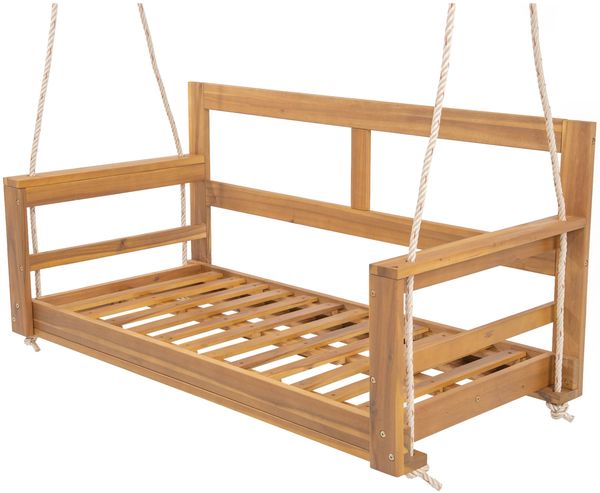Merax Hängeschaukel für den Garten im Freien, Schaukel-Doppelsitz, Inklusive Kissen und zwei Seilen, Das Kissen ist abnehmbar und waschbar, aus Akazienholz, Holzfarbe + Beige Bild 8