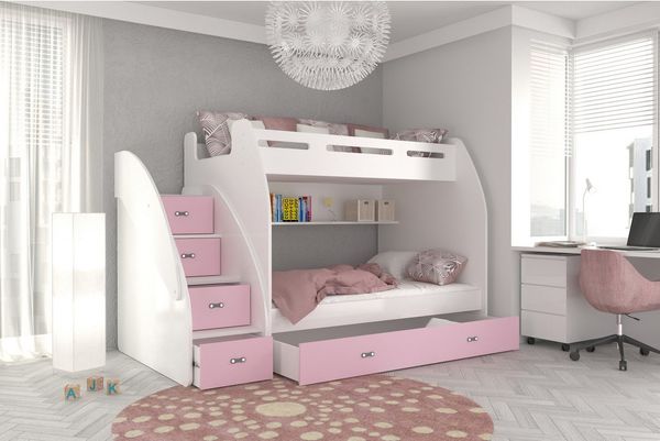 AJKmeble Hochbett Etagenbett 90x200 / 120x200cm, Treppe und Ausziehbett für 2 Kinder (MADE IN EU - wählbar in Farben weiß, blau, grün, rosa oder grau, für Jungen und Mädchen, Jugendbett) Treppe beidseitig montierbar