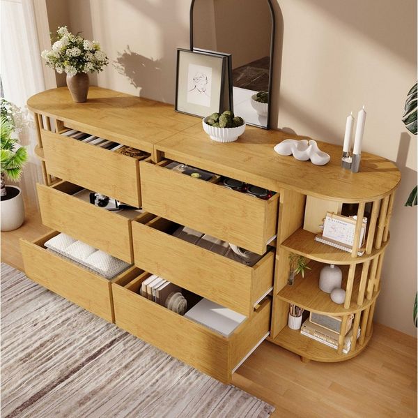 BlingBin Kommode Sideboard (Römisches Design mit Säulen & Bambus-Regalen, 1 St, 160 cm breit in Eiche mit Bambusdetails, 6 Schubladen), Tischplatte 50 kg Tragkraft, vielseitig für Wohnzimmer/Schlafzimmer