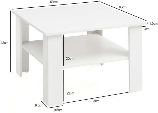 Couchtisch WL5.834 Weiß 60 x 42 x 60 cm Design Holztisch mit Ablage, Wohnzimmertisch Coffee Table, Sofatisch Loungetisch Holz, Kaffeetisch Stubentisch mit Stauraum, Tisch Wohnzimmer Bild 4