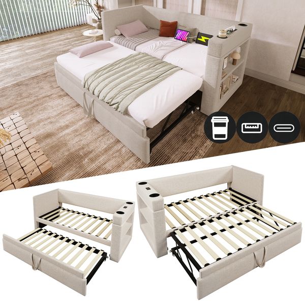 Novelux Polsterbett Daybed 90x190 cm mit Ausziehbett, USB & Type-C Anschluss – Leinenmischgewebe Beige, Schlafsofa inkl, Getränkehalter, ohne Matratze