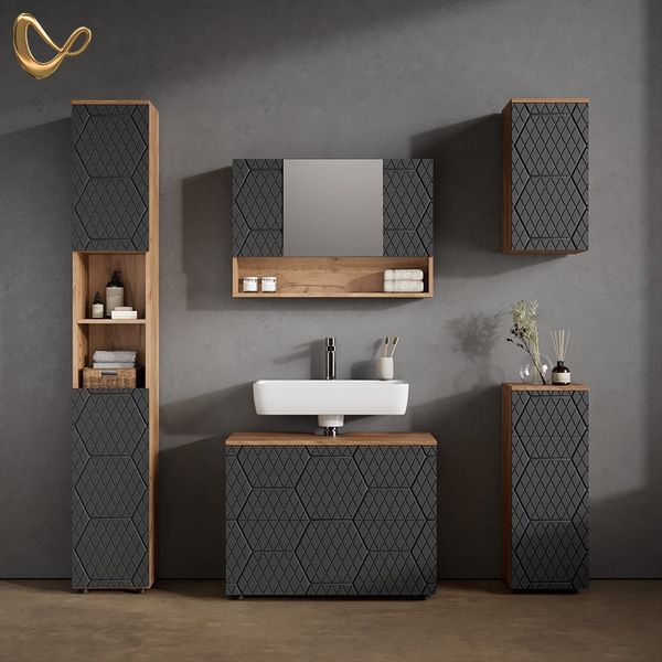 Livinity® Waschbeckenunterschrank Ronco, Anthrazit mit Wabenstruktur/Goldkraft Eiche, 80 x 58.6 cm mi. (1-St)