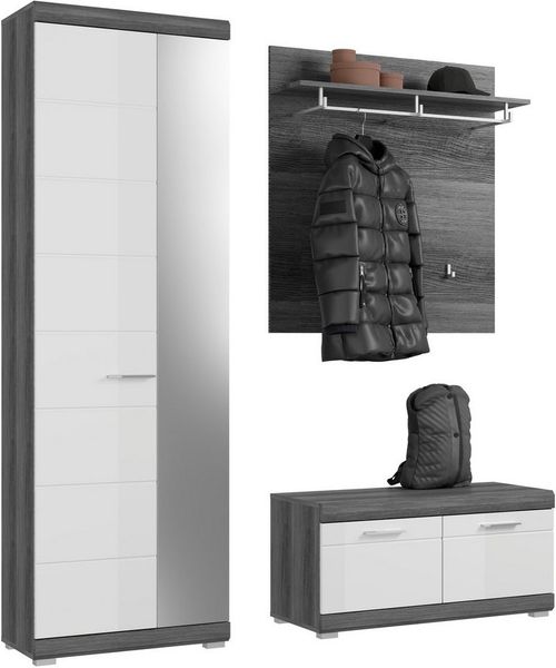 INOSIGN Garderoben-Set Siena, Fronten mit hochwertiger Rillenfräsung, 3-teilig,bestehend aus:, (Komplett-Set, 3-St), Garderobenschrank, Sitzbank & Garderobenpaneel
