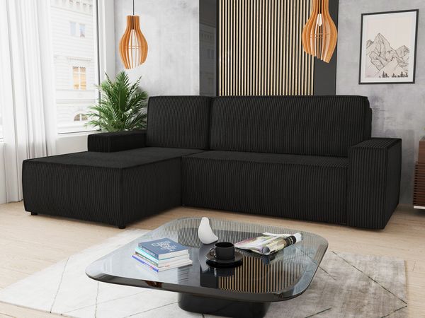 Ecksofa Totti L mit Schlaffunktion und Bettkasten - Cord Stoff - L-Form Couch, Polstersofa, Schlafsofa, Sofagarnitur (Schwarz (Poso 135) Seite: Links)