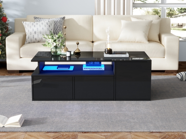 Couchtisch, Hochglanz mit LED & Doppelschubladen, 100 x 50 x 35 cm, schwarz