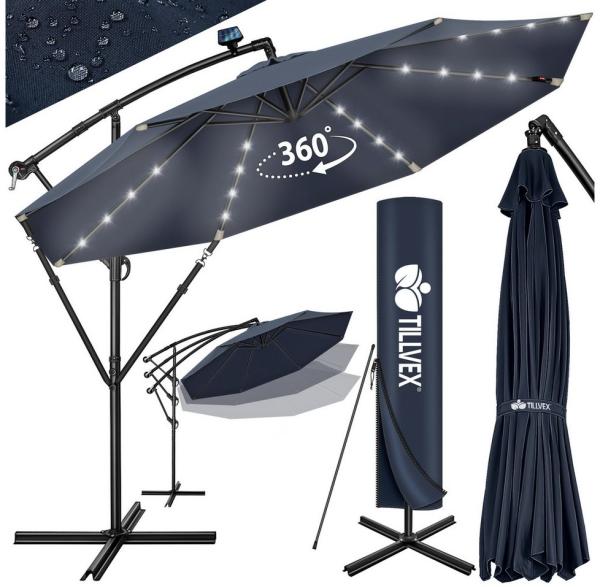 tillvex Alu Ampelschirm Blau LED Solar Ø 300 cm mit Kurbel | Sonnenschirm mit An-/Ausschalter | Gartenschirm UV-Schutz Aluminium | Kurbelschirm mit Ständer Marktschirm wasserdicht