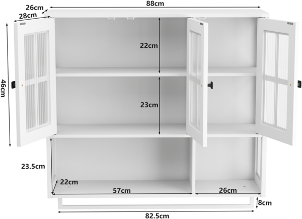 Wandhängeschrank 88 cm mit geriffeltem Glas,Badezimmerschrank mit Doppeltür, Einzeltür und offener Ablage,Weiß Bild 5