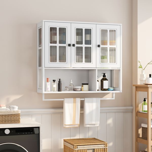 Wandhängeschrank 88 cm mit geriffeltem Glas,Badezimmerschrank mit Doppeltür, Einzeltür und offener Ablage,Weiß