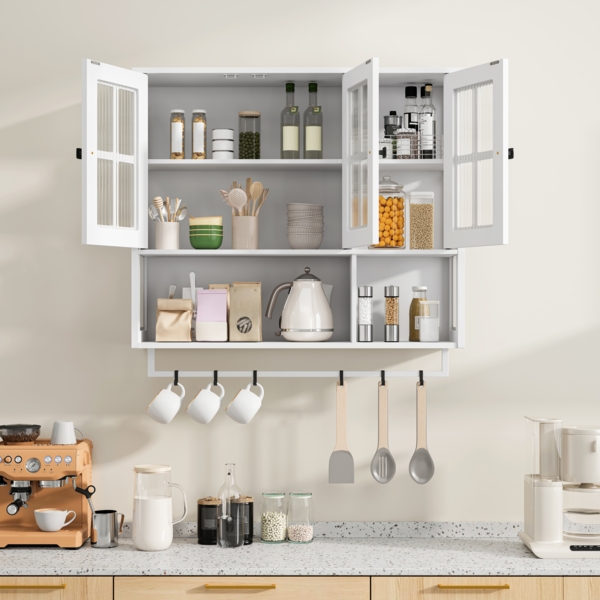 Wandhängeschrank 88 cm mit geriffeltem Glas,Badezimmerschrank mit Doppeltür, Einzeltür und offener Ablage,Weiß Bild 4