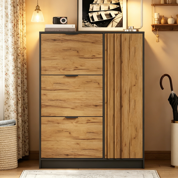 Schuhschrank 100 x 30 x 130 cm aus MDF, mit 3 Klappfächern & 1 Türfach, Schuhregal für bis zu 12 Paar Schuhe (ca. 2 Paar pro Ebene), max. 50kg belastbar,Eingangsschrank, Naturholzfarbe + Schwarz