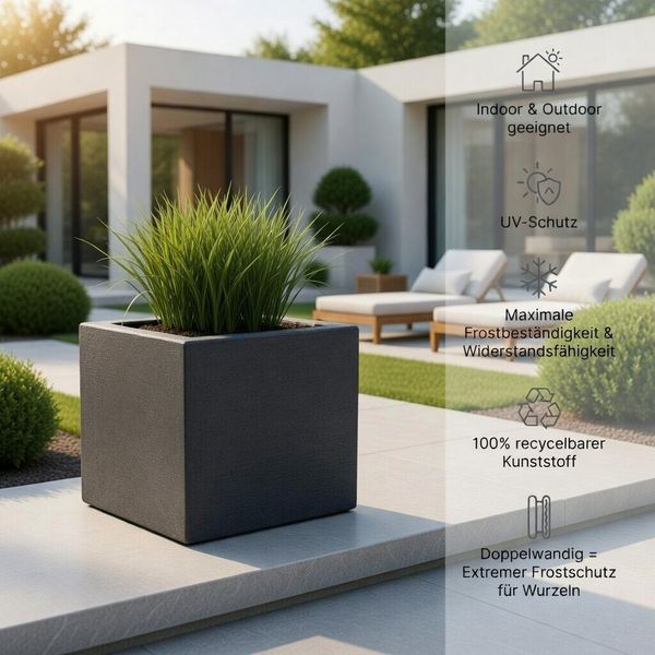 Pflanzwerk® Pflanzkübel Premium Kunststoff Blumenkübel Frostsicher mit Lotus-Effekt - GARANTIE, 2. Jahre Garantie - Frostsicher - Wurzelschutz - Nachhaltig - Eckig -