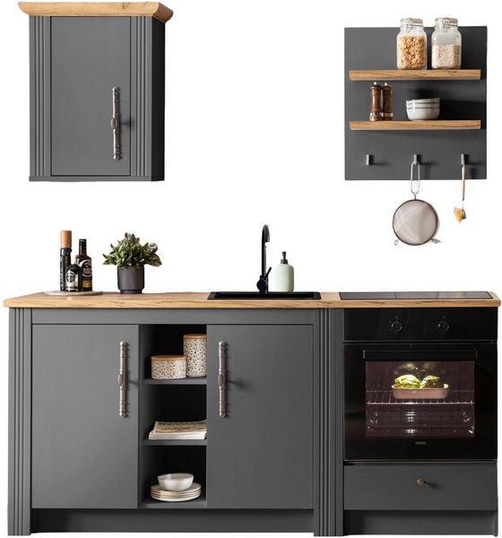 OTTO home Küchenzeile KS-Westminster, Pantryküche im Landhaus Stil, hochwertige Metallgriffe, (Set), Breite 194 cm, Kommode, Wandpaneel, Hängeschrank und Herdumbau
