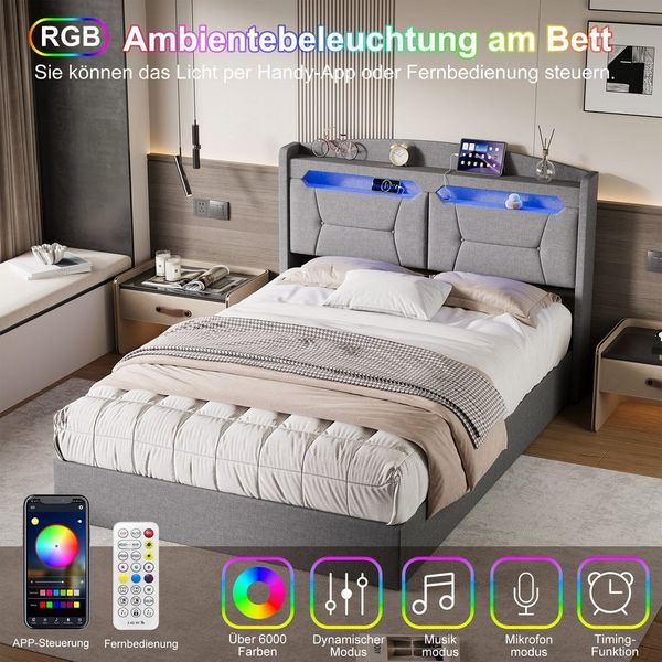 FUROKOY Polsterbett Doppelbett Stauraumbett mit Bettkasten Leinenstoff - grau (Mit Kopfteil und Lattenrost), 140x200 cm,Gasgestütztes Bettgestell,Kopfteil mit 2 Stauschränken
