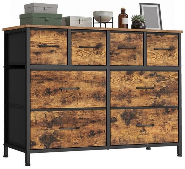 SONGMICS Kommode mit 8 Stoffschubladen, Aufbewahrungsschrank mit Metallrahmen, 98,7 x 30 x 74,7 cm, Tan