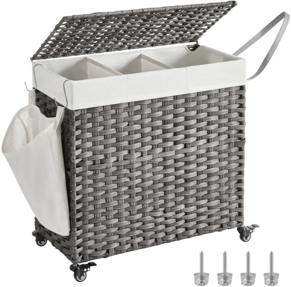 Songmics Wäschekorb handgeflochten mit 3 Fächern, Polyrattan Grau, 66 x 33 x 60 cm