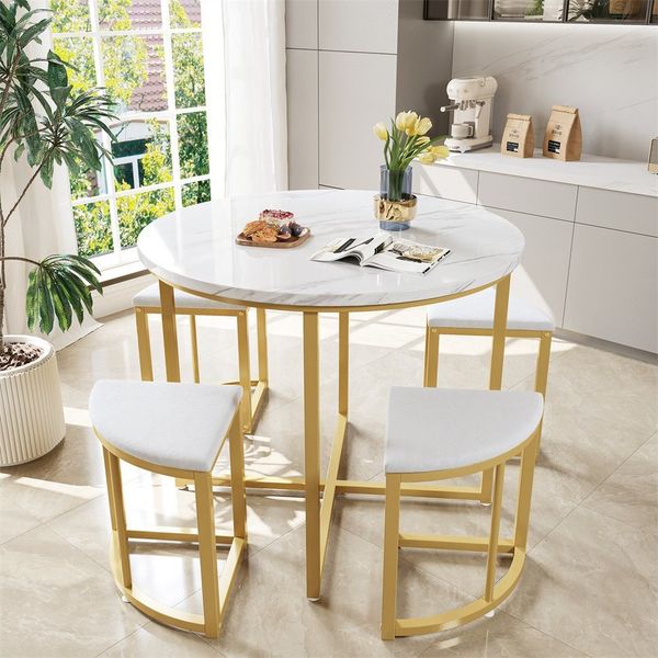XDeer Essgruppe Esszimmertisch-Set mit vier Stühlen,Essgruppe MDF-Tischplatte, und vergoldeten Eisenrahmen,Samtstuhl,Moderne Luxustische stühle
