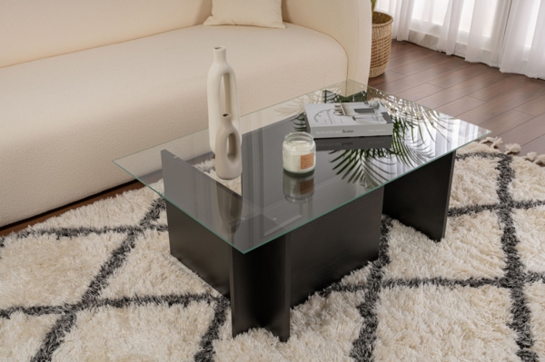 Hanah Home Stylish Coffee Table, Black Wood Finish, 105 x 65 x 40 cm | 100% Tempered Glass Top, 18 mm Thick Melamine Coated Frame | Modern Design for Living Room