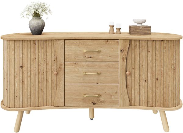 Erbsenförmiger Sideboard mit Rillenoptik, zwei Schiebetüren + Drei Schubladen, höhenverstellbare Fächer, Massivholzbeine, Holzoptik, MDF-Material, moderner skandinavischer Stil