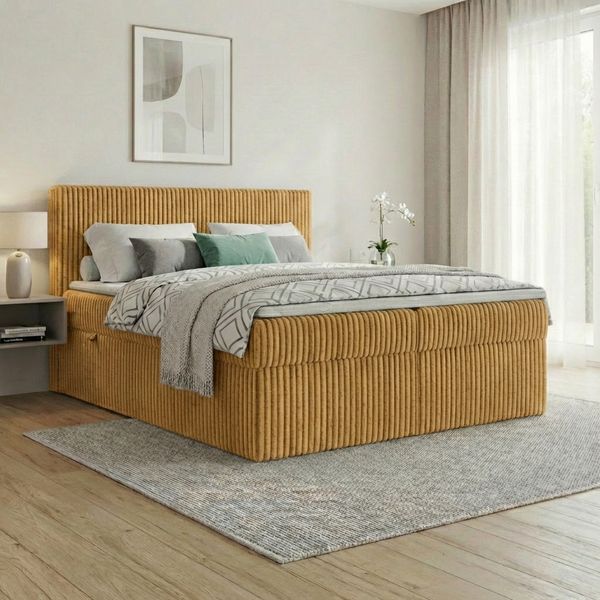 Boxspringbett RALF 140 x 200 cm mit Bettkasten, Topper und gepolstertem Kopfteil. Farbe: Gelb, Härtegraden: H3 , Topper: Visco-Topper