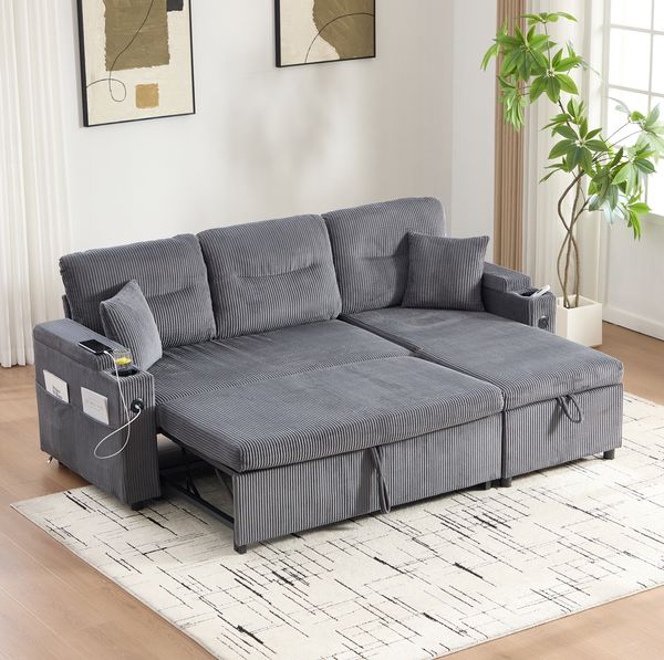 3-Sitzer Sofa, Cord mit Schlaffunktion & Stauraum, 212,5 x 136 x 86 cm, Carbongrau