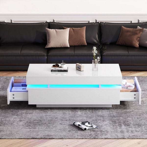 MODFU Couchtisch Hochglänzender Beistelltisch mit atmosphärischer LED (Packung, 1-St, Ideal als stylischer Teetisch oder funktionaler Sofatisch), In Weiß, 100x50x35 cm, inkl. 2 Schubladen