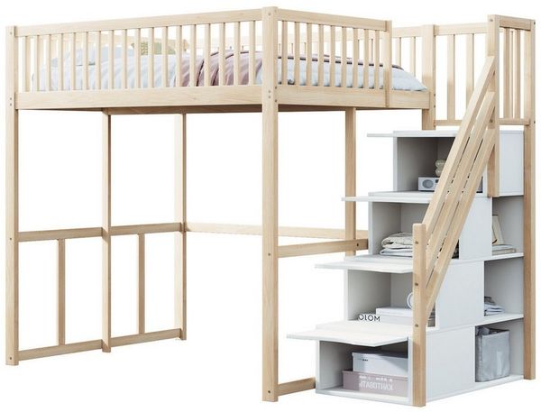 autolock Kinderbett Hochbett mit Sicherheitsaufbewahrungsleiter, Sicherheitsumrandung, 140x200cm Hausbett,Bettgestell aus massiver Kiefer,für Jugendliche
