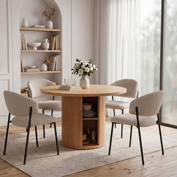 Jiexi Essgruppe Essgruppe rund Ø110cm MDF Eiche mit Stauraum & Cord-Stühlen