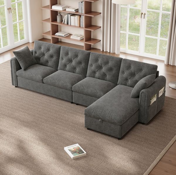 L-förmiges Ecksofa 281 x 132 x 86 cm in Grau – Schlafsofa mit Stauraum, Samtbezug und Aufbewahrungstasche