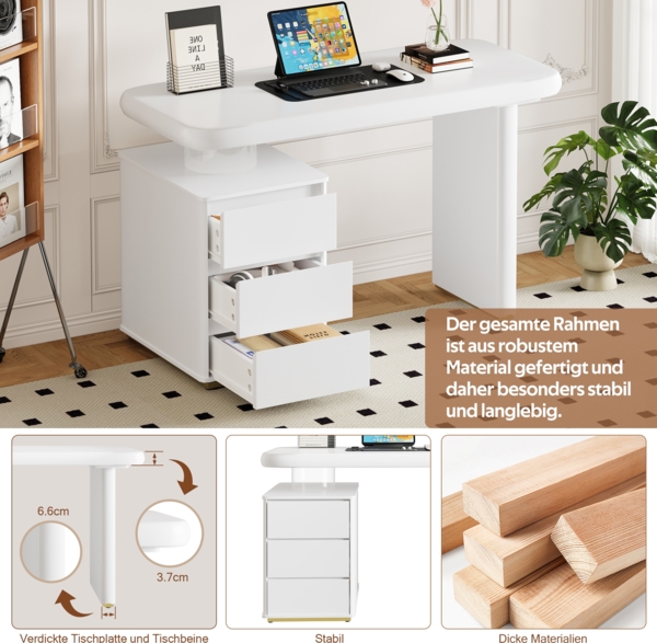 Schreibtisch, Moderner französischer Stil, Wolkenform, 3 Schubladen, verdickte Tischplatte und Beine, voll lackiert, MDF, Weiß, 117×50×74 cm Bild 4